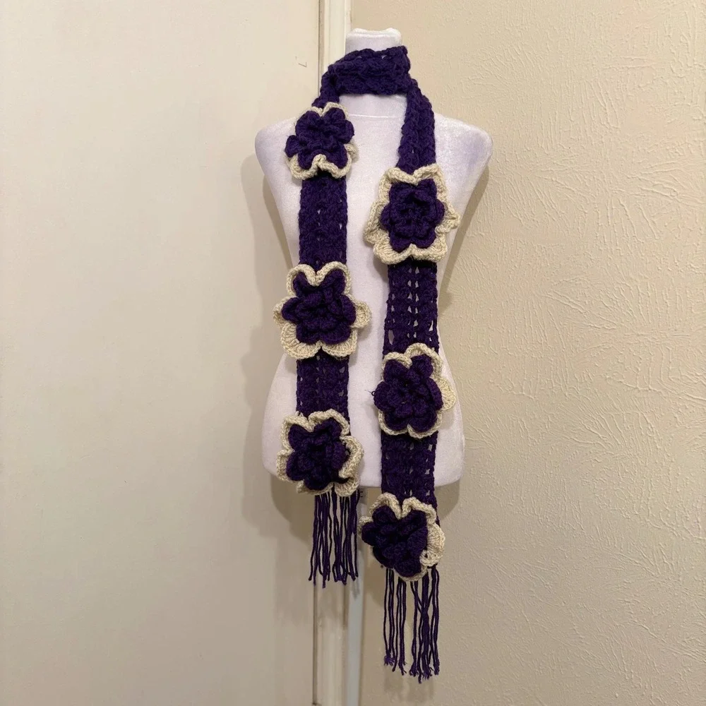 Y2K Purple White Extra Long Skinny Scarf 3D Flower Fringe Girlhood Maximalist